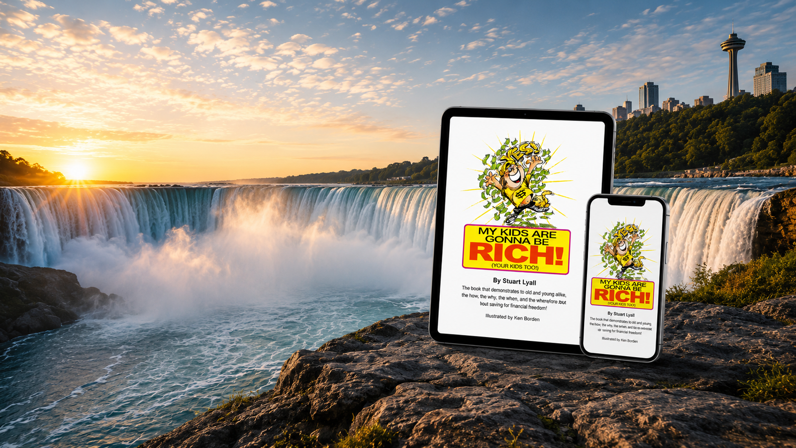 Niagara Falls at sunrise with The Journey book displayed on digital devices